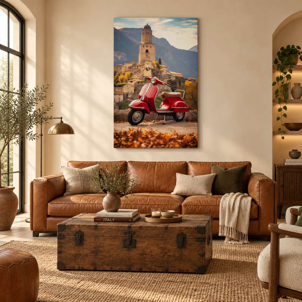 Vintage red Vespa glass wall art in a living room