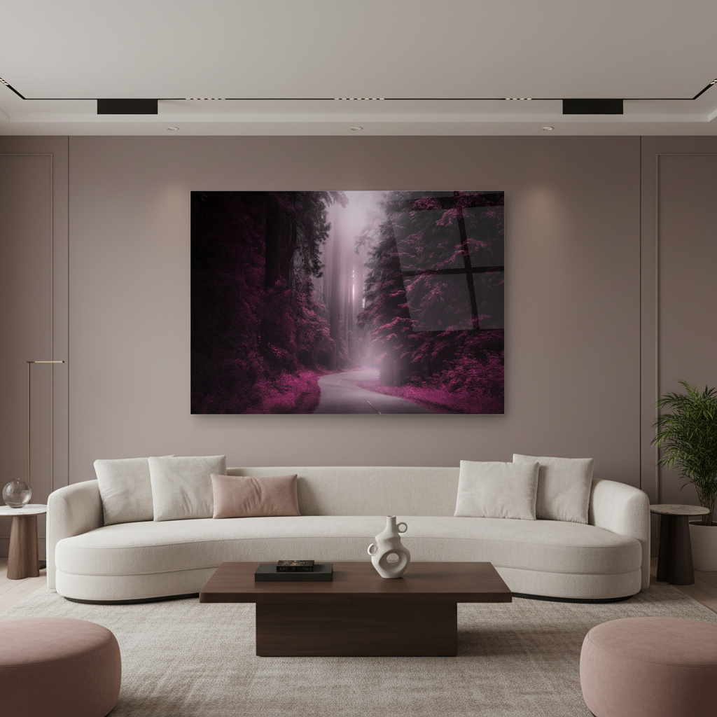Misty purple forest glass wall art displayed in a contemporary living room
