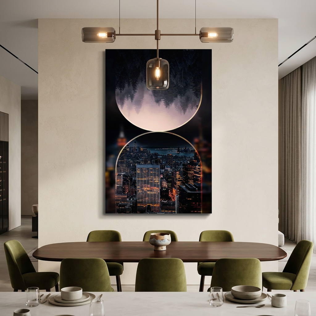 D-176 forest and night city glass wall art in sand dining room