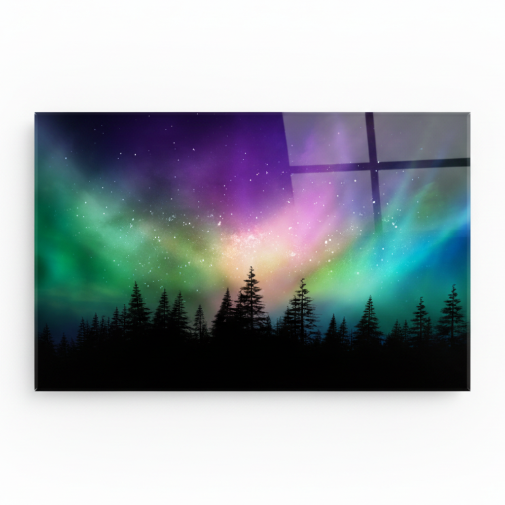 Y-295 aurora borealis over an evergreen forest glass wall art, front view