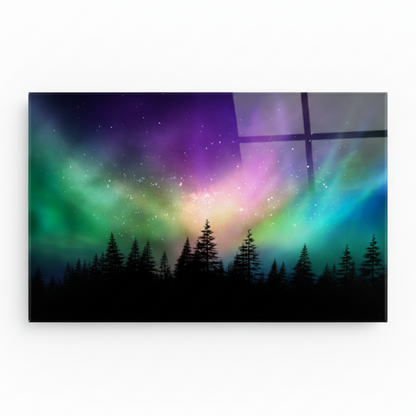 Y-295 aurora borealis over an evergreen forest glass wall art, front view