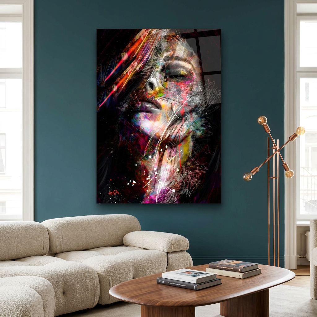 D-180 colorful abstract woman glass wall art in teal living room