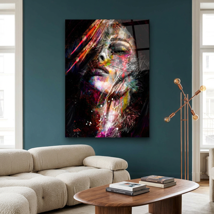 D-180 colorful abstract woman glass wall art in teal living room