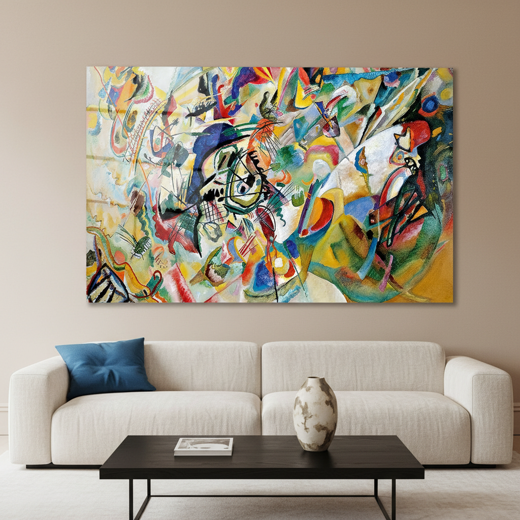 Colorful abstract horizontal glass wall art in a sand beige modern living room