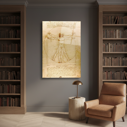 Vitruvian Man Glass Wall Art displayed in a luxury library and study with warm-grey walls.