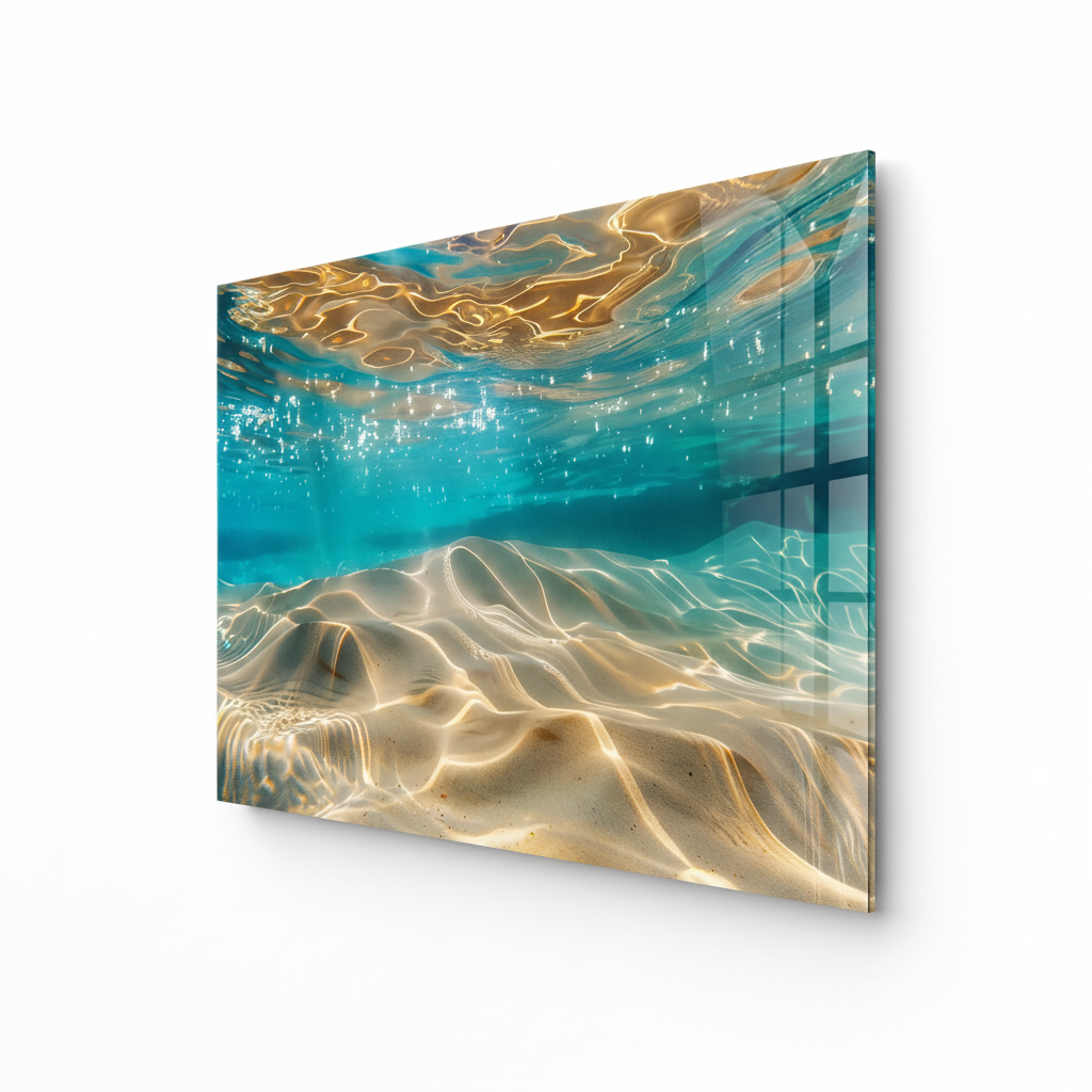 LMT-049 turquoise cyan underwater abstract glass wall art with golden ripples, right side view
