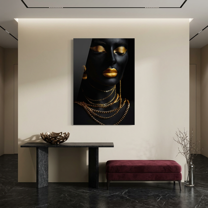 D-185 black and gold woman with layered necklaces glass wall art in sand entrance hall