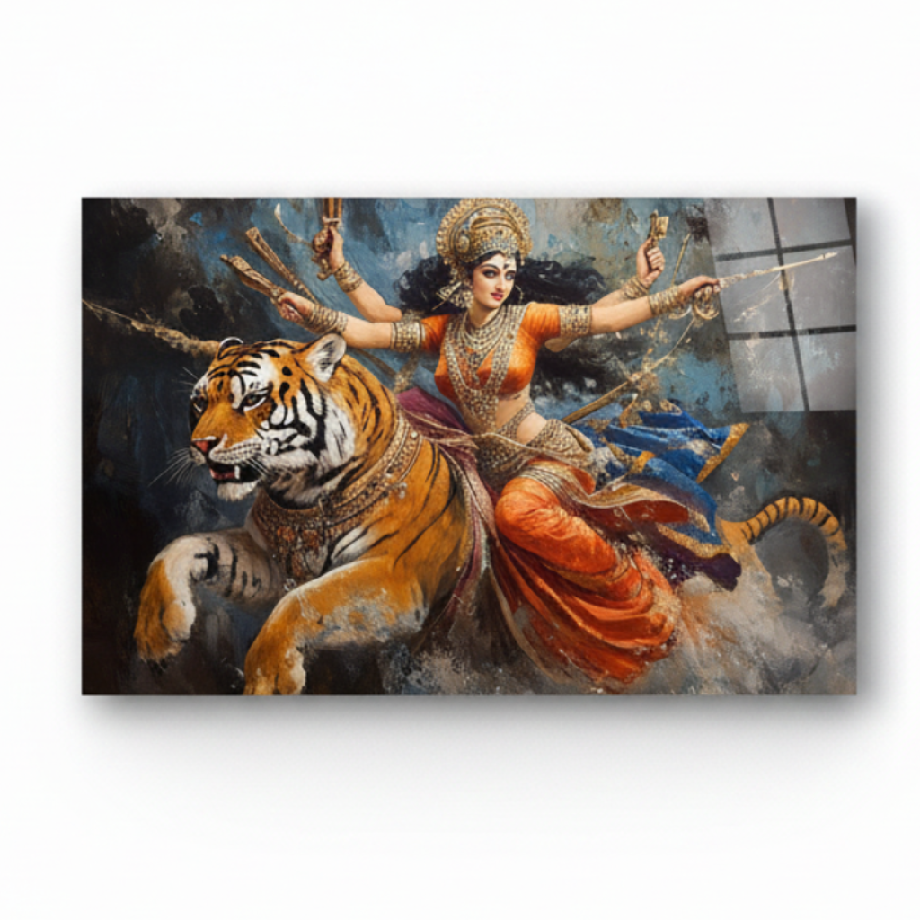 Goddess Durga and Tiger Glass Wall Art