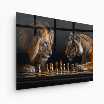 Lion vs Tiger Chess Glass Wall Art – left side view