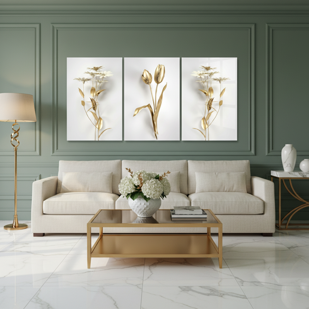 Golden Tulips Daisies Glass Wall Art - Sage Green Walls