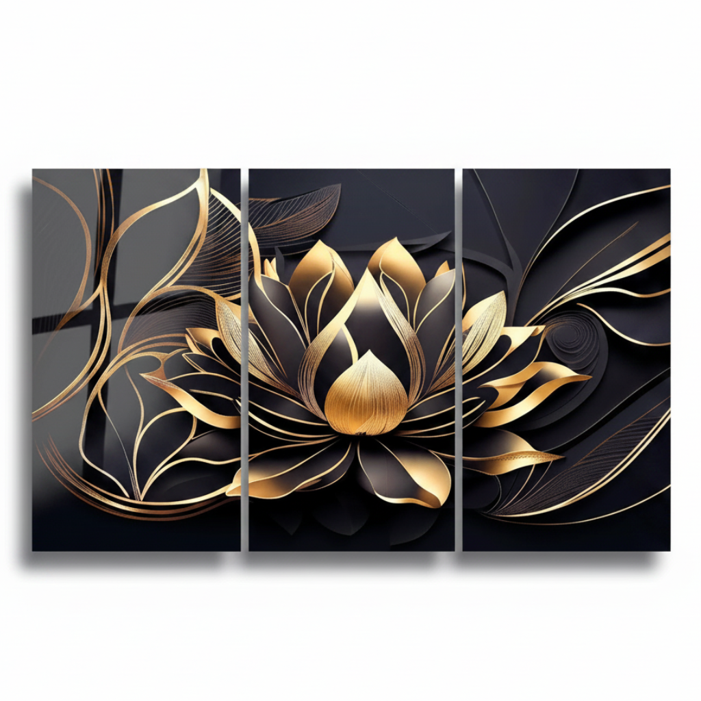 Lotus Noir et Or Tableau en Verre Trempé