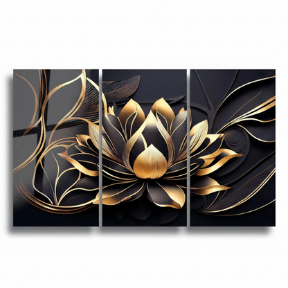 Lotus Noir et Or Tableau en Verre Trempé