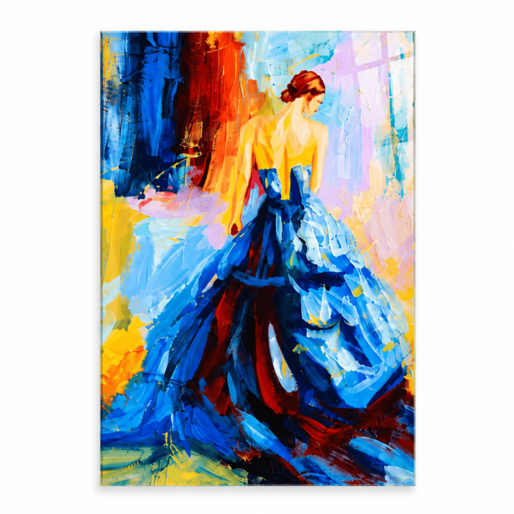 Square white-background mockup of colorful impressionist woman in blue dress glass wall art