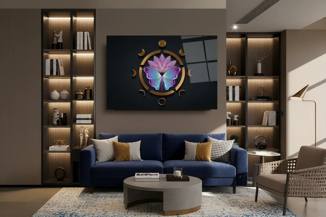 Lotus Butterfly Glass Wall Art - LUXARTDECO