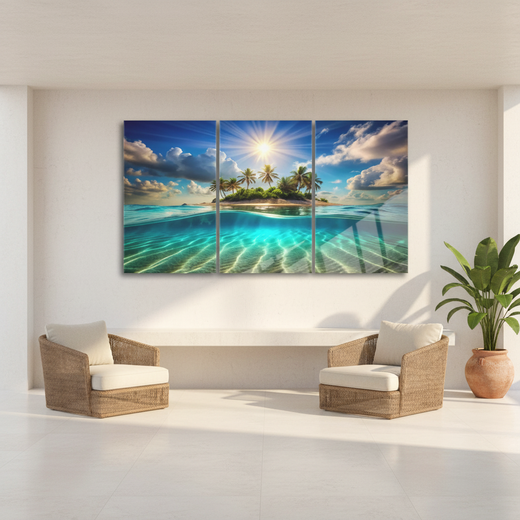 Tropical island paradise triptych glass wall art on a covered limestone terrace
