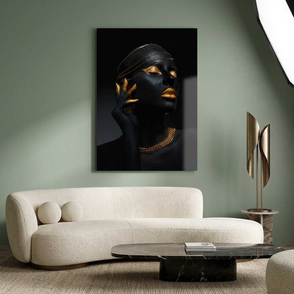 D-183 black and gold woman with chain jewelry glass wall art in sage living room