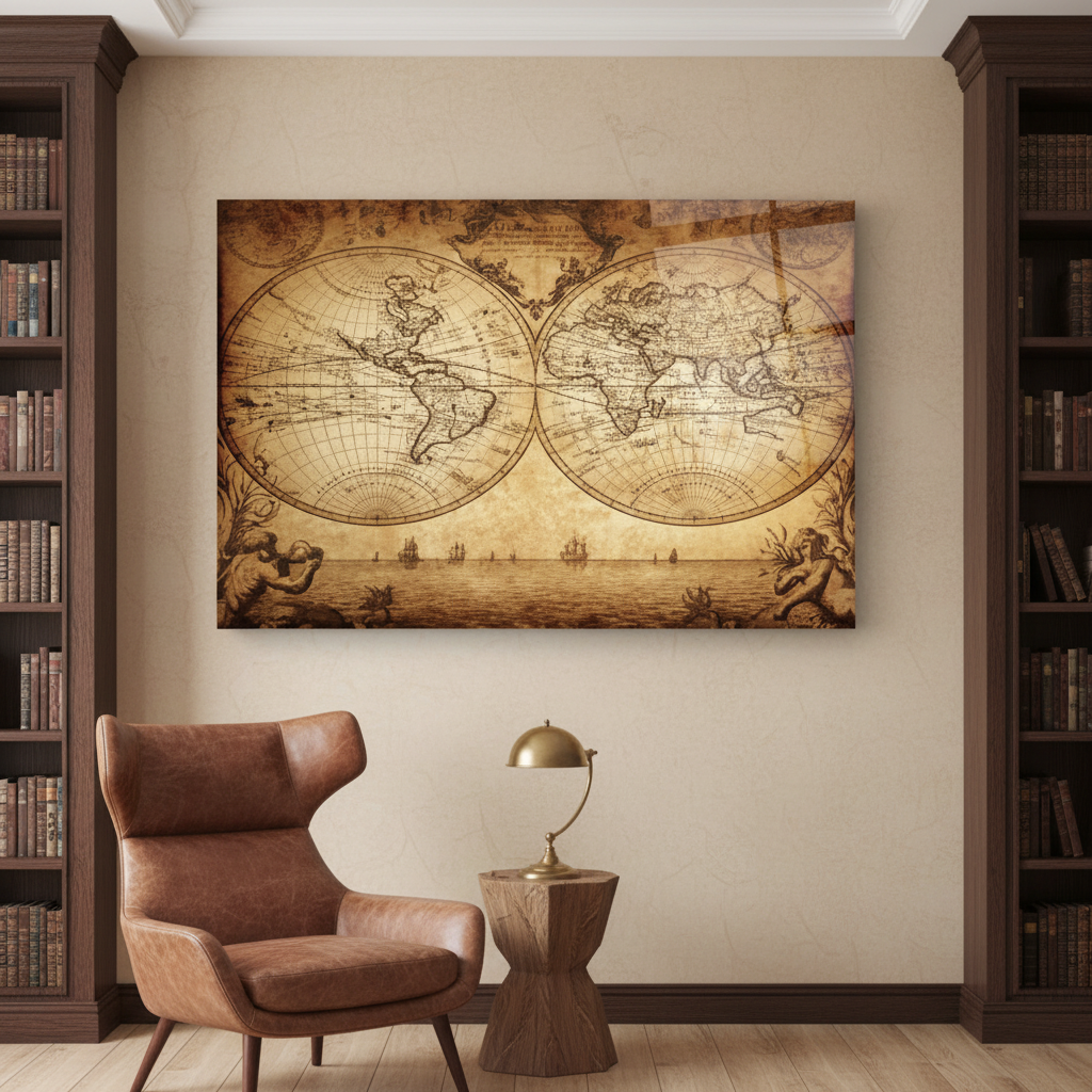 Antique sepia world map glass wall art in a luxury home library