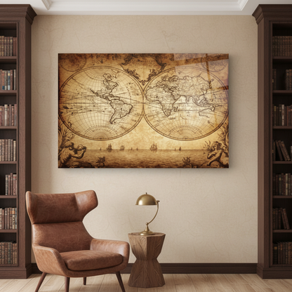 Antique sepia world map glass wall art in a luxury home library