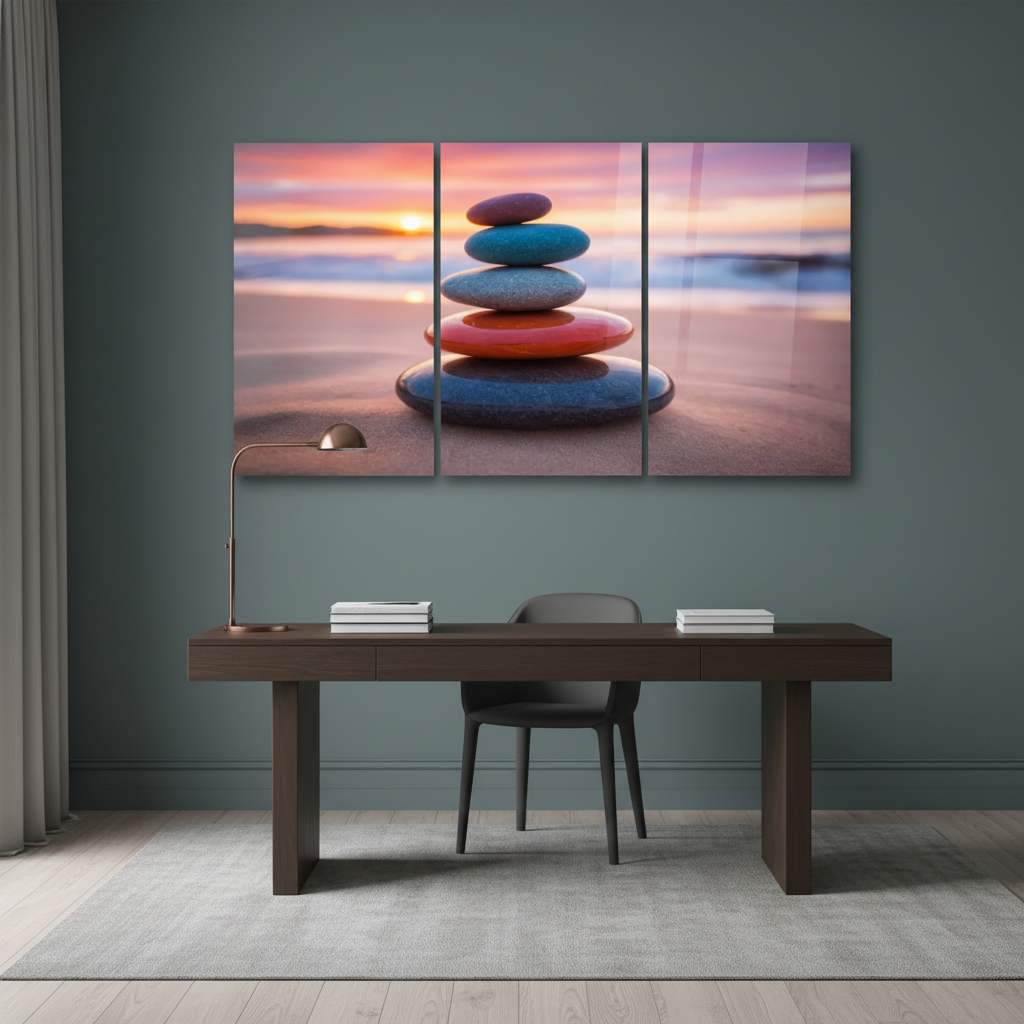 Sunset balance stones glass triptych in a luxury deep teal home office