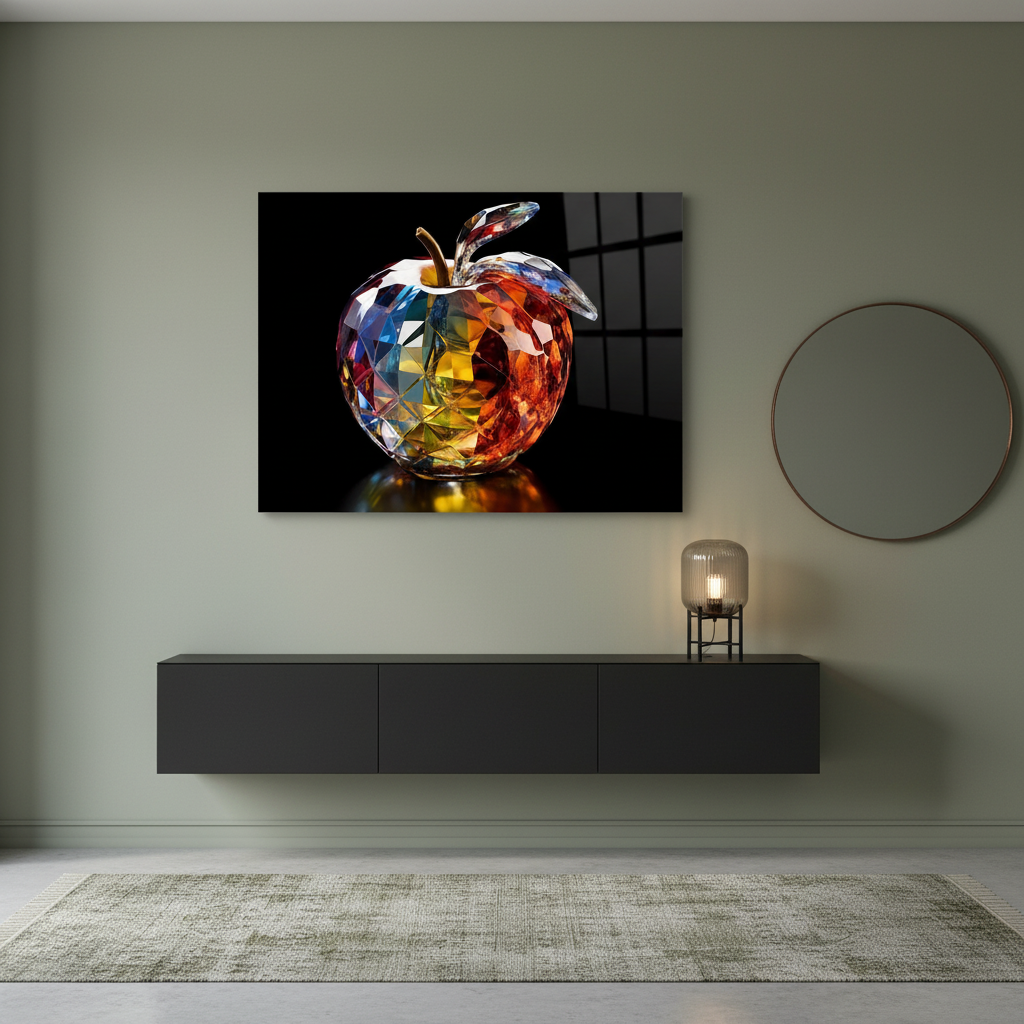 Split-Tone Crystal Apple Glass Wall Art displayed in a stylish entrance hall with olive-green walls.