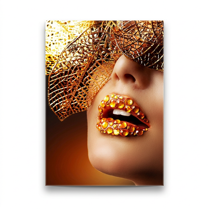 D-179 gold jeweled lips glass wall art, frontal view on white