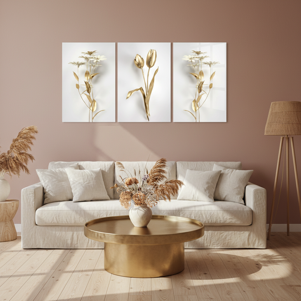 Golden Tulips Daisies Glass Wall Art - Blush Walls