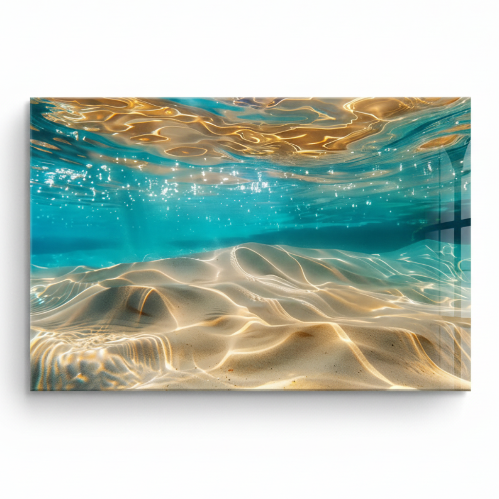 LMT-049 turquoise cyan underwater abstract glass wall art with golden ripples, front view