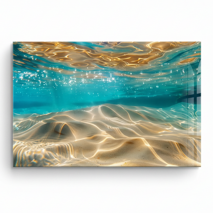 LMT-049 turquoise cyan underwater abstract glass wall art with golden ripples, front view