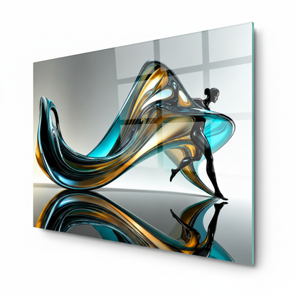 Y-304 abstract turquoise, black and gold figure glass wall art, exact 7 to 5 right side view