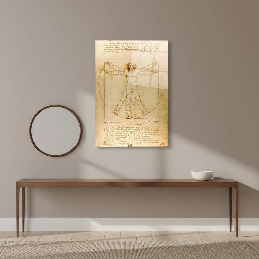 Vitruvian Man Glass Wall Art displayed in an elegant entrance hall with clay-beige walls.