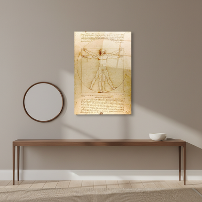 Vitruvian Man Glass Wall Art displayed in an elegant entrance hall with clay-beige walls.