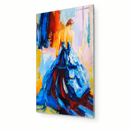 Right-side angled studio mockup of colorful woman in blue dress glass wall art, showing the thin glass edge