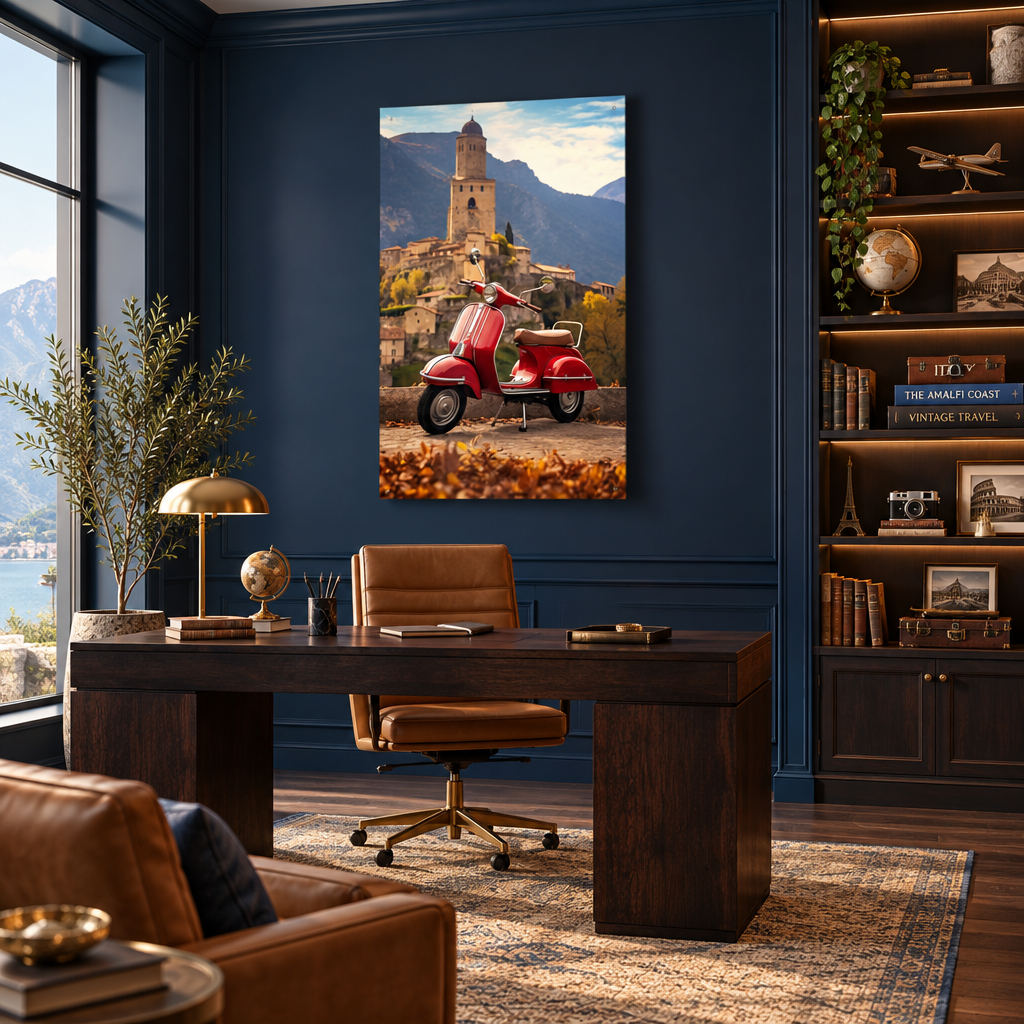 Vintage red Vespa glass wall art in a home office