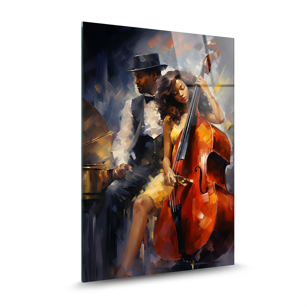 Jazz Musicians Glass Wall Art, left-side view with thin glass edge