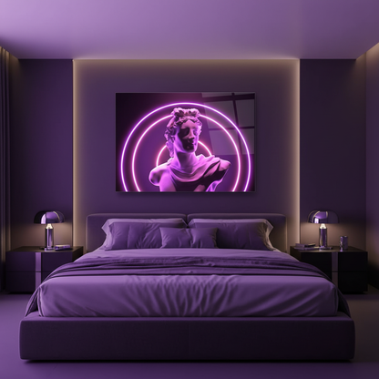 Y-306 neon purple classical bust glass wall art in a luxury bedroom