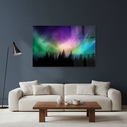 La Forêt des Aurores boréales Tableau en Verre Trempé