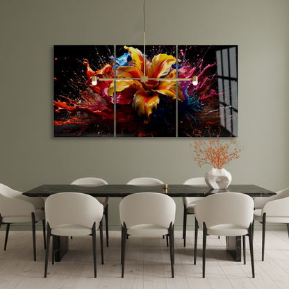 T-42 abstract color splash flower triptych glass wall art in a luxury dining room with muted olive walls