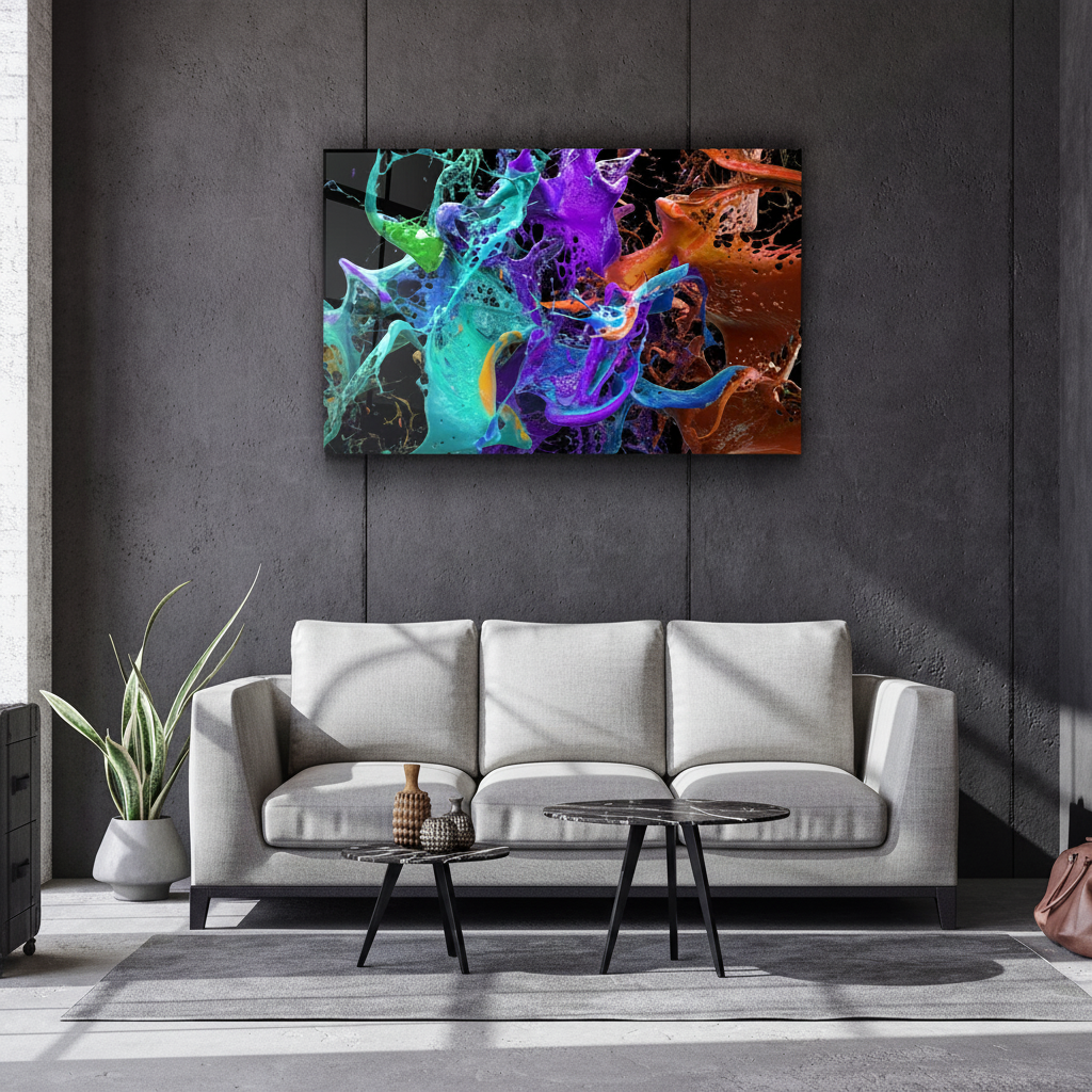 Abstract fluid glass wall art in a contemporary living room