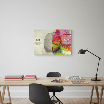 Left and right brain glass wall art in a creative studio