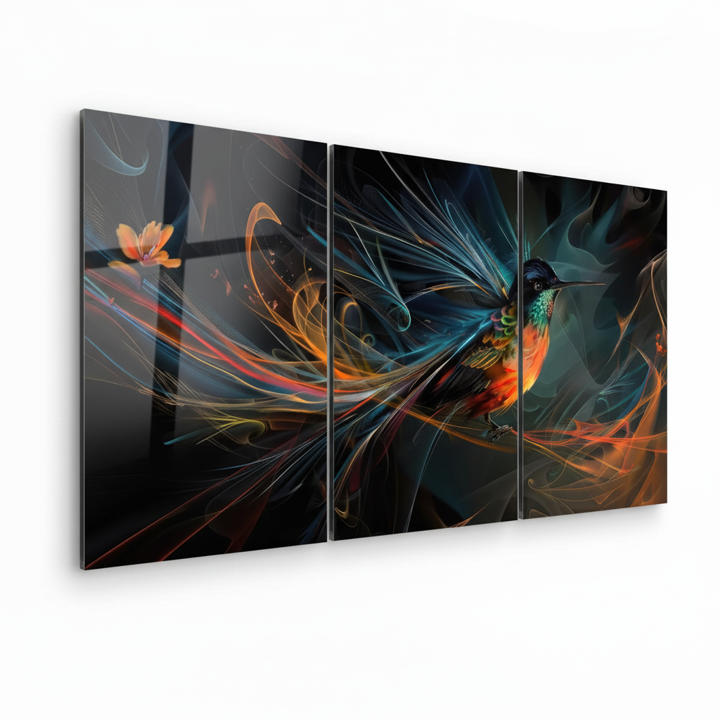 Hummingbird glass wall art triptych, left side view, thin glass edge visible, white background