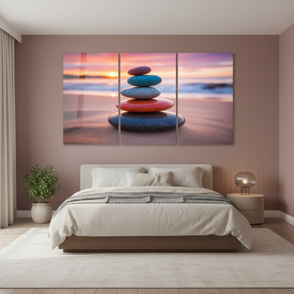 Sunset balance stones glass triptych in a luxury dusty rose bedroom