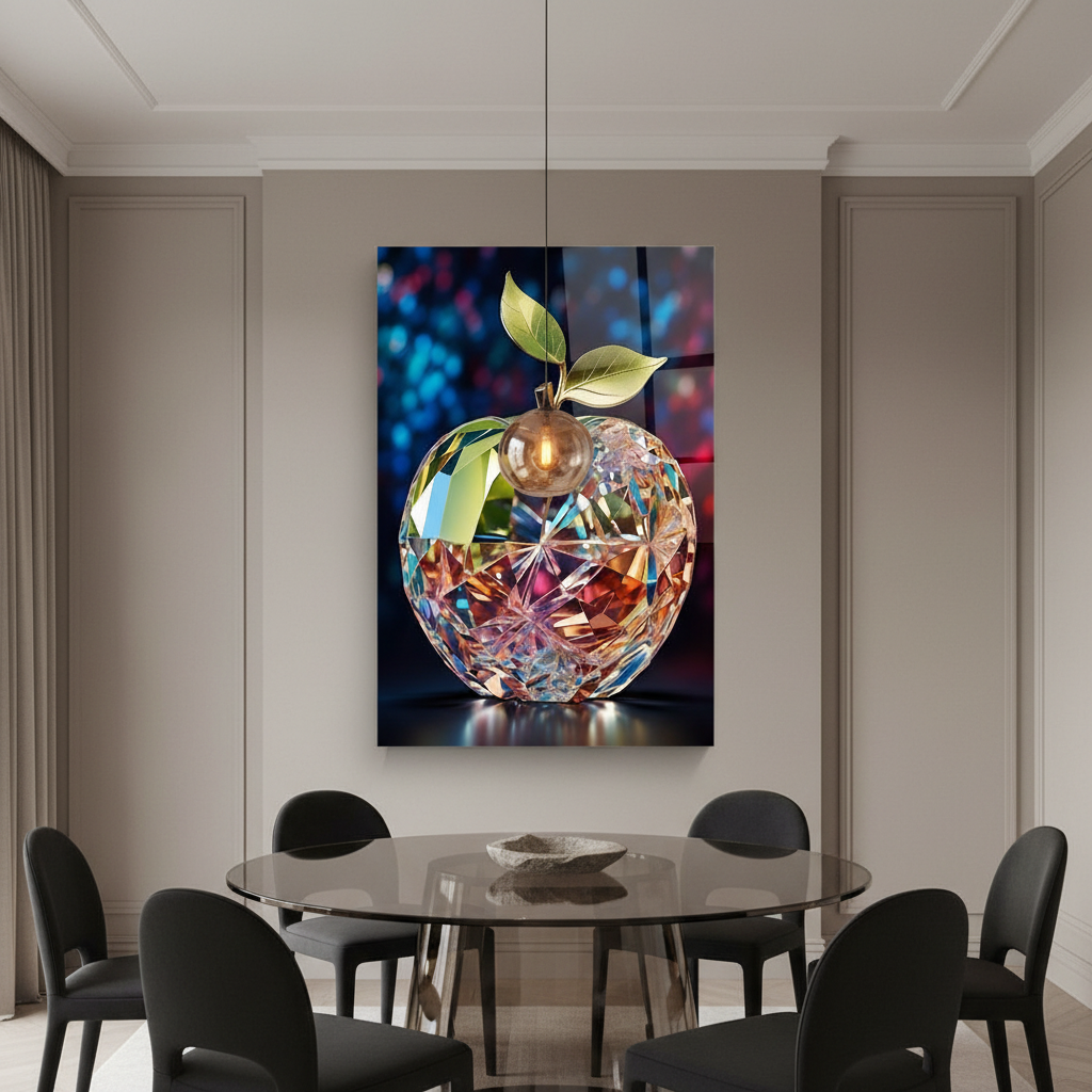 Crystal Apple Glass Wall Art displayed in an elegant dining room with warm greige walls.