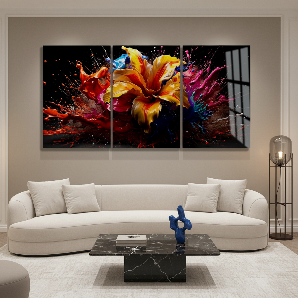 T-42 abstract color splash flower triptych glass wall art in a luxury living room with warm greige walls