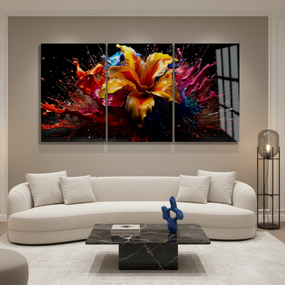 T-42 abstract color splash flower triptych glass wall art in a luxury living room with warm greige walls