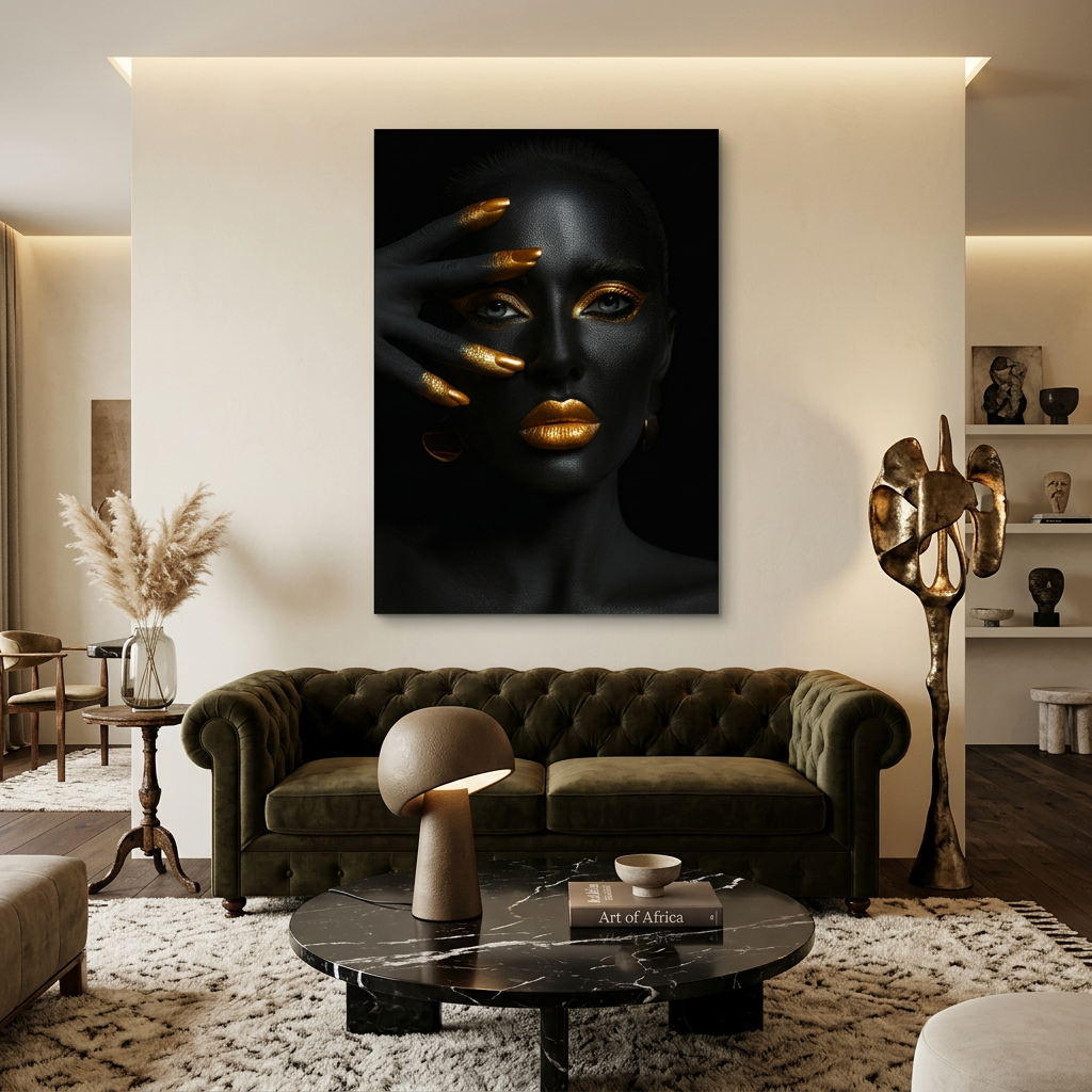 D-181 black and gold woman glass wall art in ivory living room