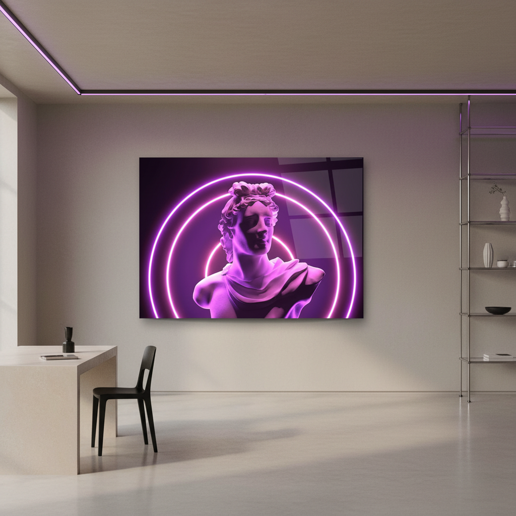Y-306 neon purple classical bust glass wall art in a contemporary art studio