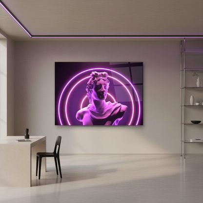 Y-306 neon purple classical bust glass wall art in a contemporary art studio