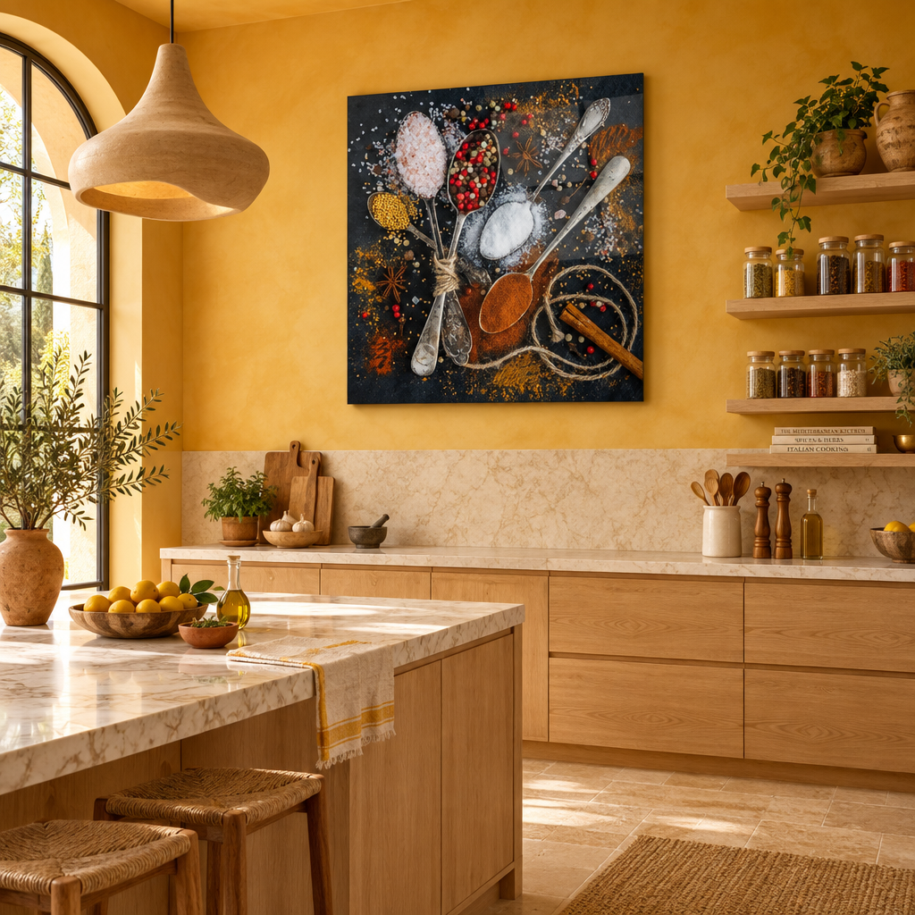 Glass wall art displayed in an elegant Mediterranean kitchen with saffron-yellow walls