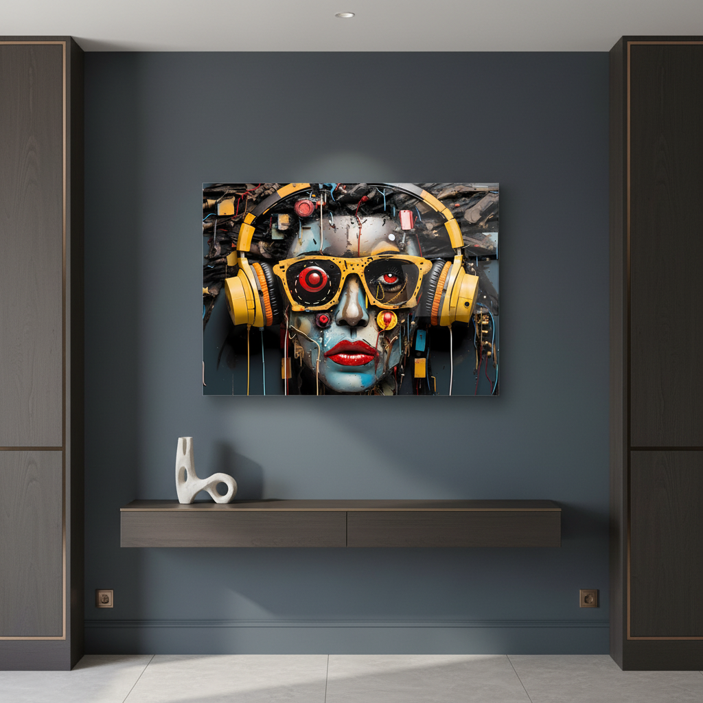 Cyberpunk Woman Glass Wall Art above a console in a modern blue-grey entrance hall