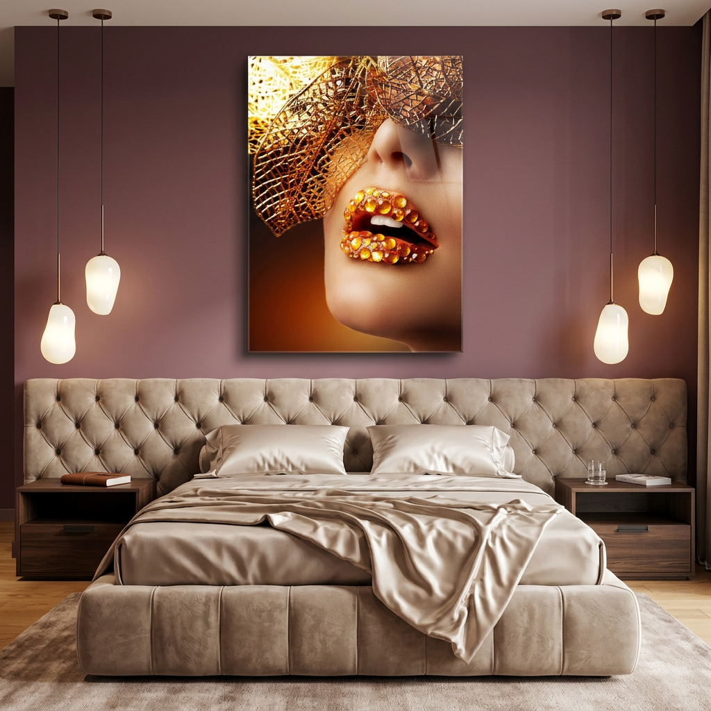 D-179 gold jeweled lips glass wall art in plum bedroom